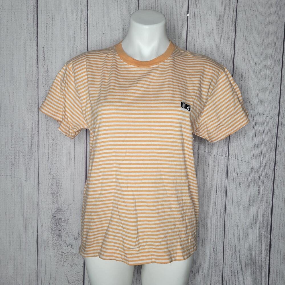 Obey Worldwide Womens Orange Striped Crewneck Short Sleeve T Shirt Size Medium